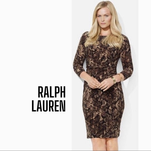 Lauren Ralph Lauren NEW Snake Pattern Brown Ruched Stretch Long Sleeve Dress 10P - Picture 2 of 5